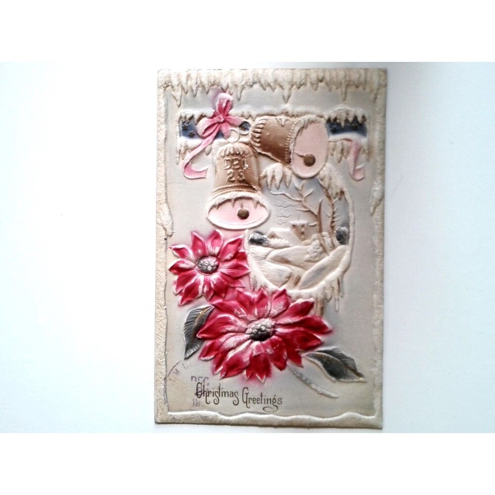 Vintage Embossed Christmas Postcard Poinsettia Bells Snow German 1921 Posted
